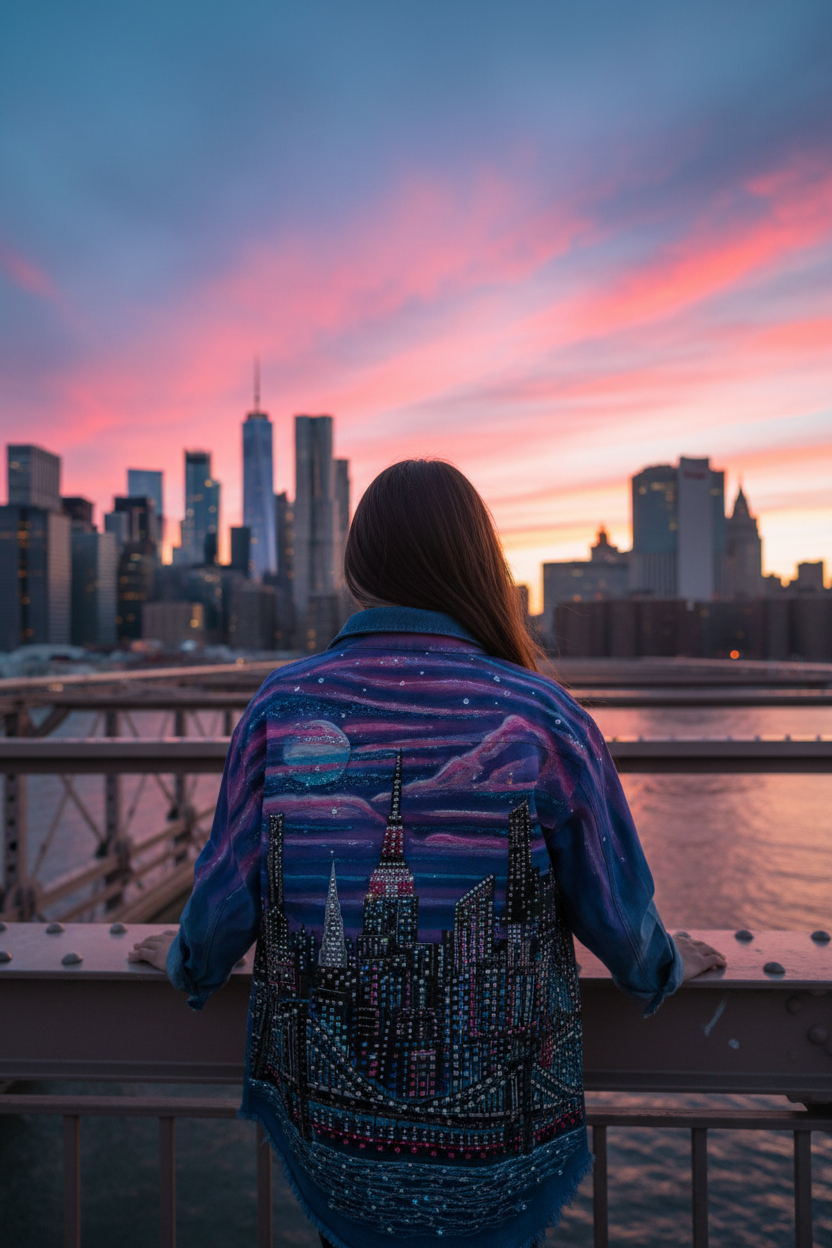 Person wearing a jacket with a cityscape Loria NYC Art design, standing on a bridge at sunset with a city skyline in the background.