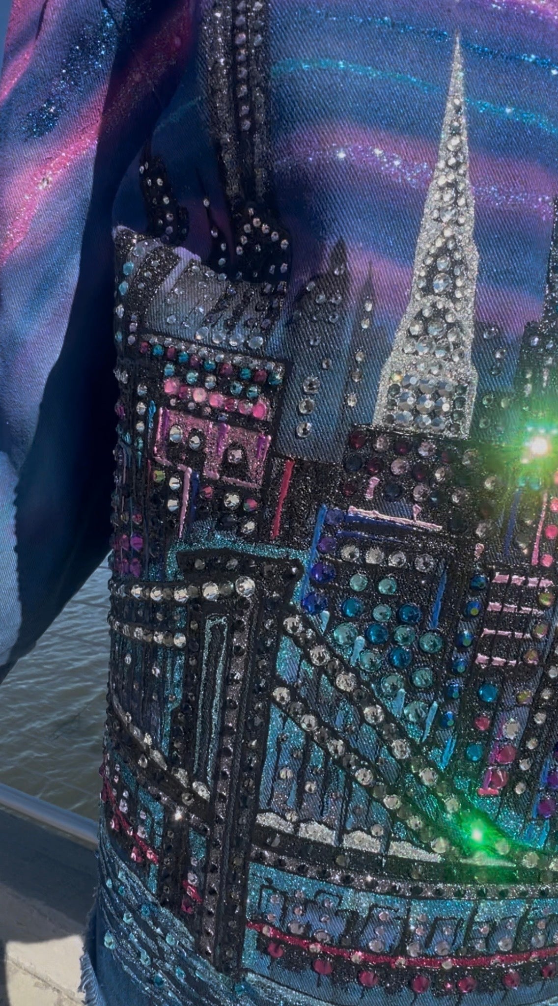 Decorative fabric with cityscape Loria NYC Art design featuring crystals and sequins.