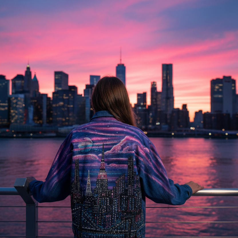 Person wearing a Loria NYC Art jacket standing by a railing overlooking a city skyline at sunset.