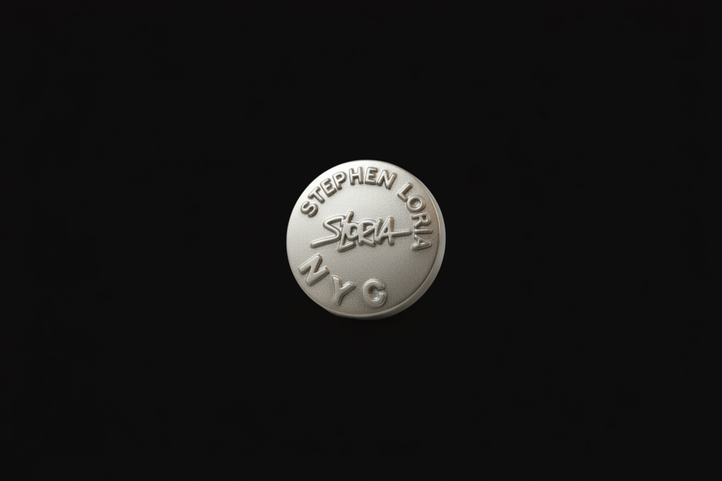 Round silver button  with 'Stephen Loria' branding on a black background