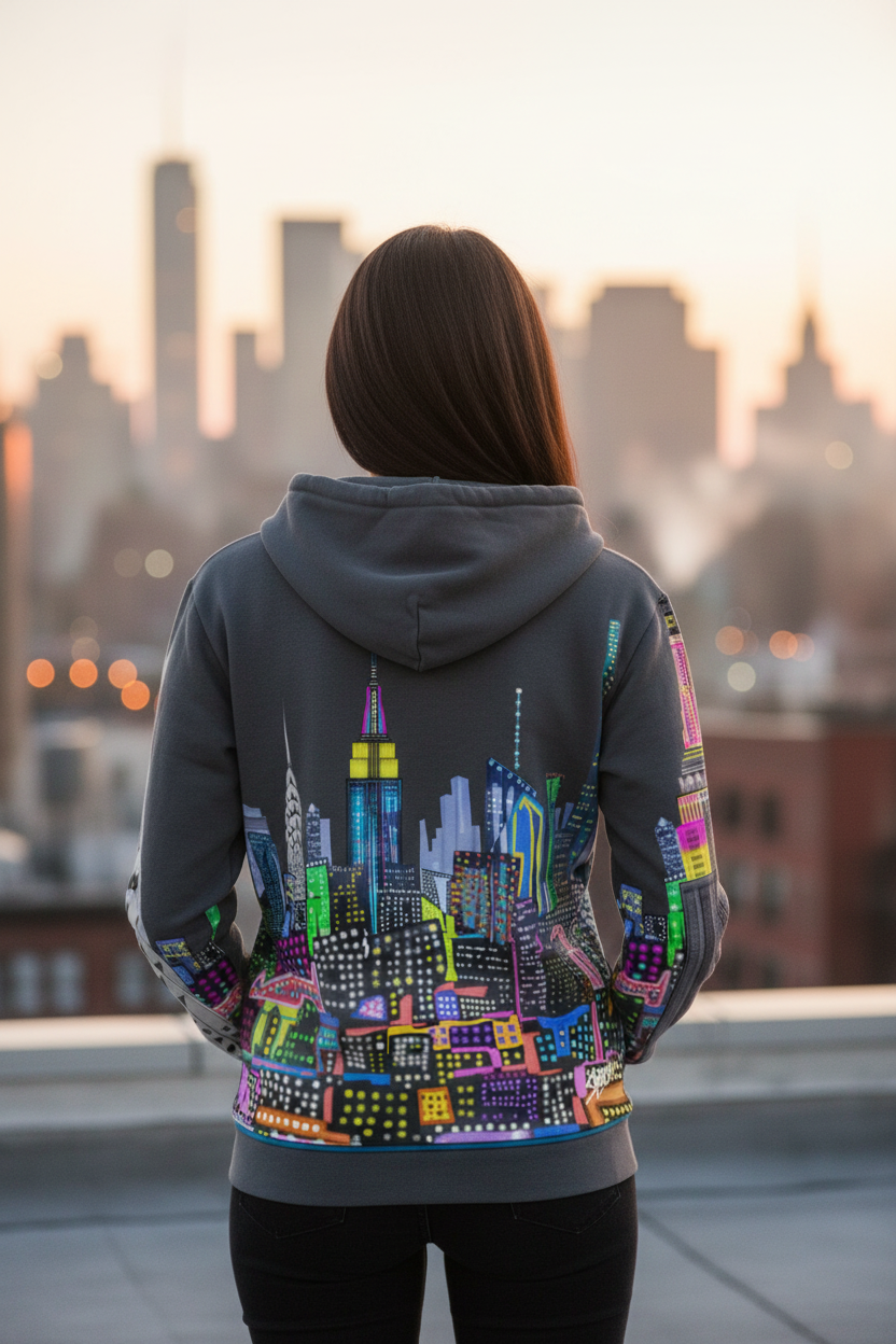 Hoodie with a colorful cityscape Loria NYC Art design on the back against a white background