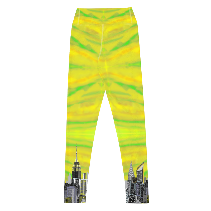 Leggings with yellow and green Loria NYC Art pattern and cityscape design on a white background