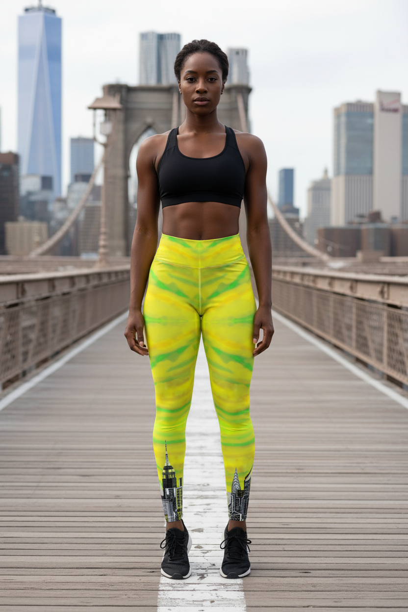 Person wearing black sports bra and yellow Loria NYC Art leggings standing on a bridge with city skyline in the background