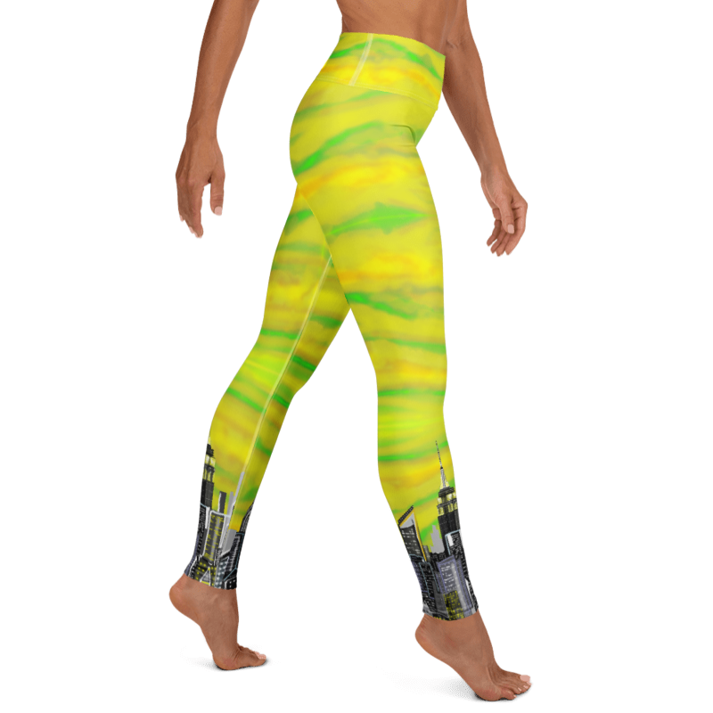 Leggings with a vibrant yellow and green Loria NYC Art on a white background