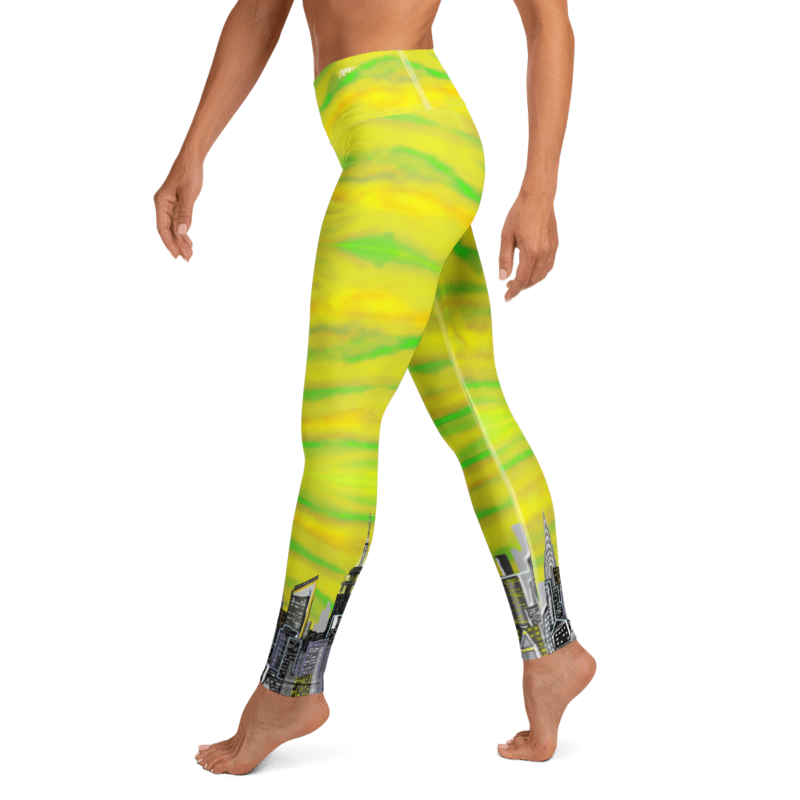 Yellow and green tie-dye leggings with a patterned bottom Loria NYC Art on a white background