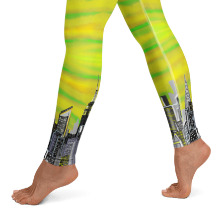 Leggings with a colorful Loria NYC Art design of buildings on a white background