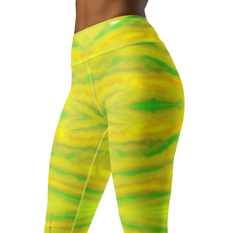 Yellow and green Loria NYC Art leggings on a white background