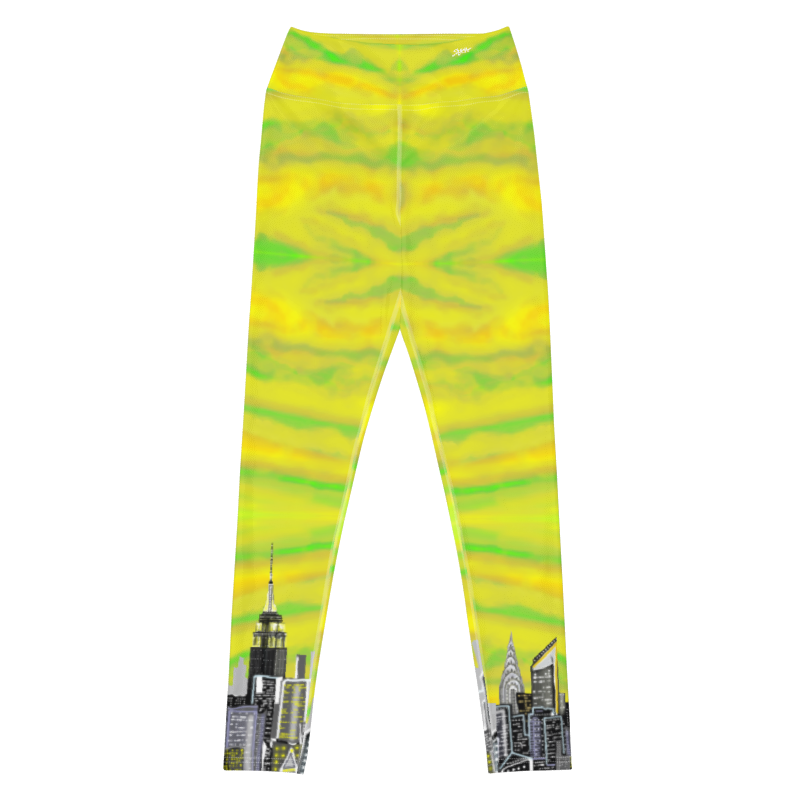 Leggings with a yellow and green Loria NYC Art pattern and cityscape design on a white background