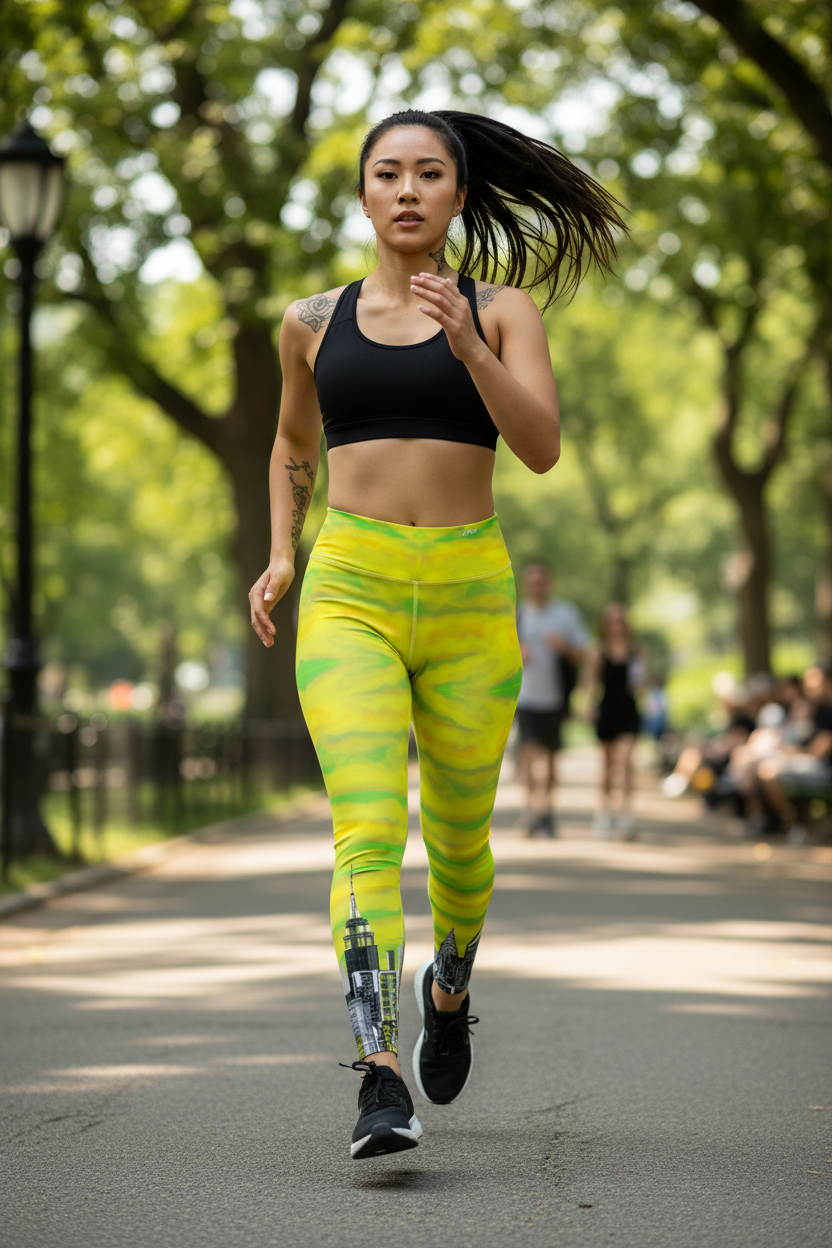 Woman running on a path in a park wearing a black sports bra and Loria NYC Art yellow leggings.