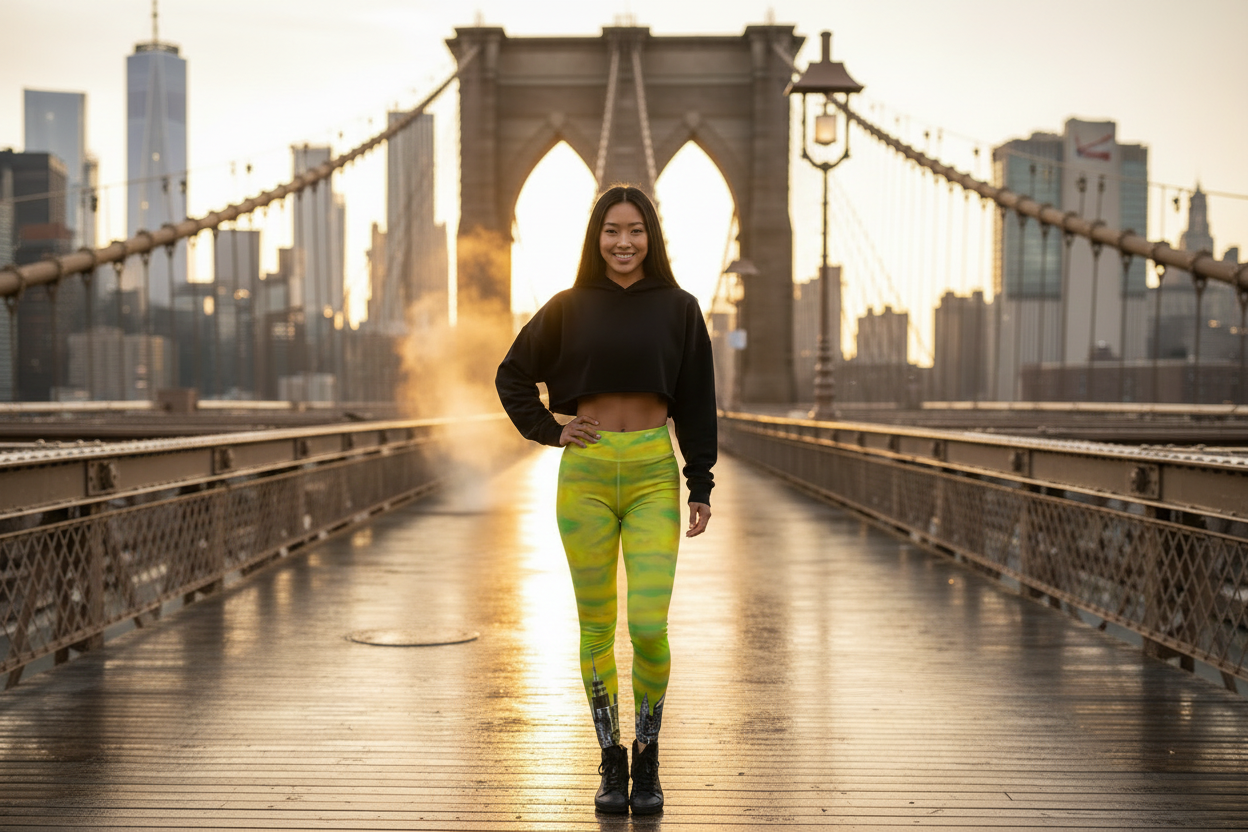 Person in black crop top and bright green Loria NYC Art leggings standing on a bridge with a city skyline in the background.