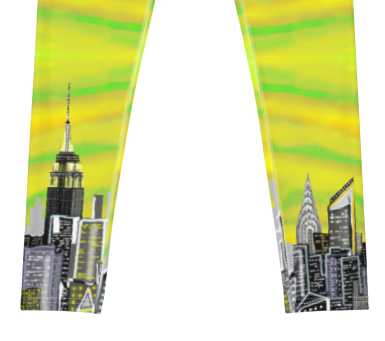 Leggings with a cityscape Loria NYC Art design featuring iconic buildings on a yellow and green background.