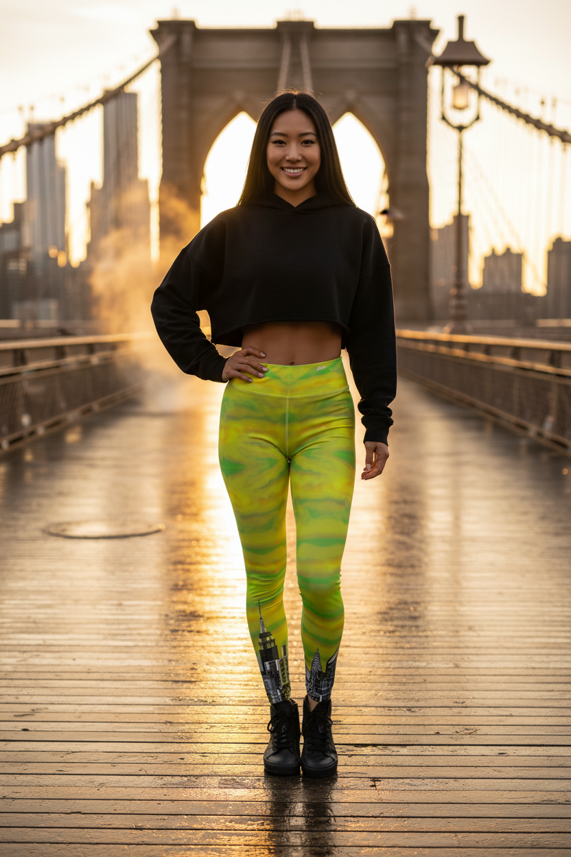 Person wearing a black crop top and green Loria NYC Art leggings standing on a bridge with a cityscape in the background.