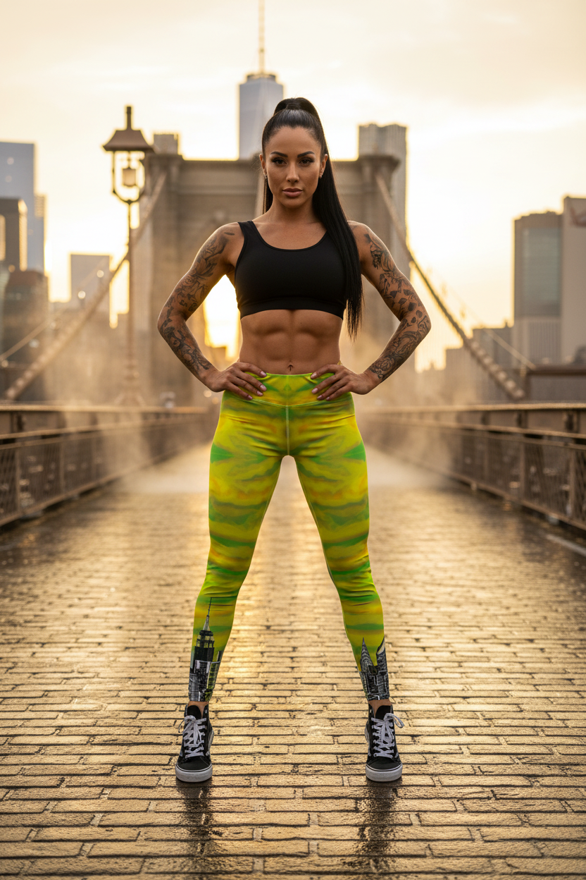 Person wearing black top and green  Loria NYC Art leggings standing on a bridge with cityscape in the background