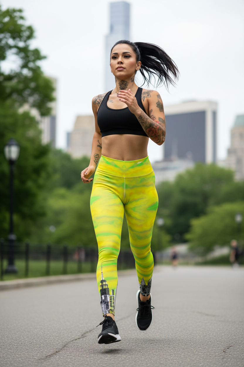 Woman running outdoors in a city park with green and yellow Loria NYC Art leggings and black top.