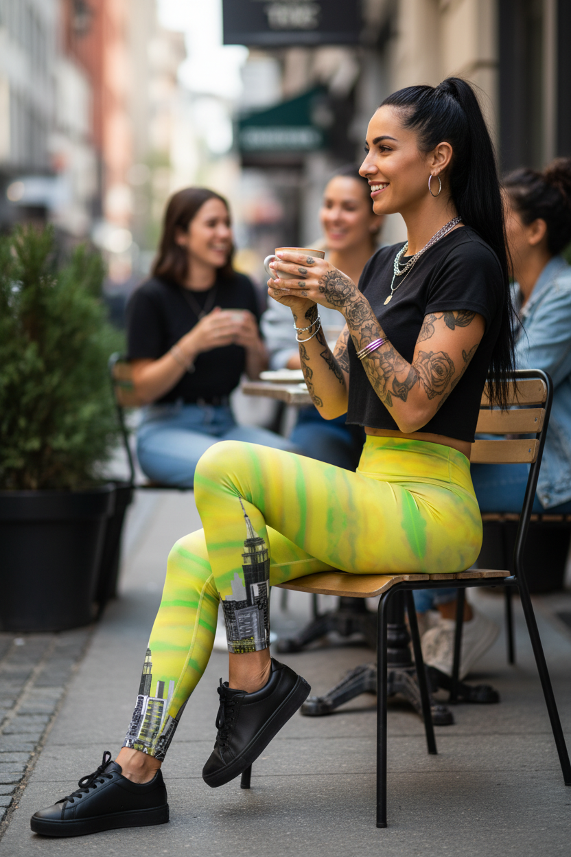 Woman sitting outdoors in a city setting, wearing yellow Loria NYC Art leggings and black top.