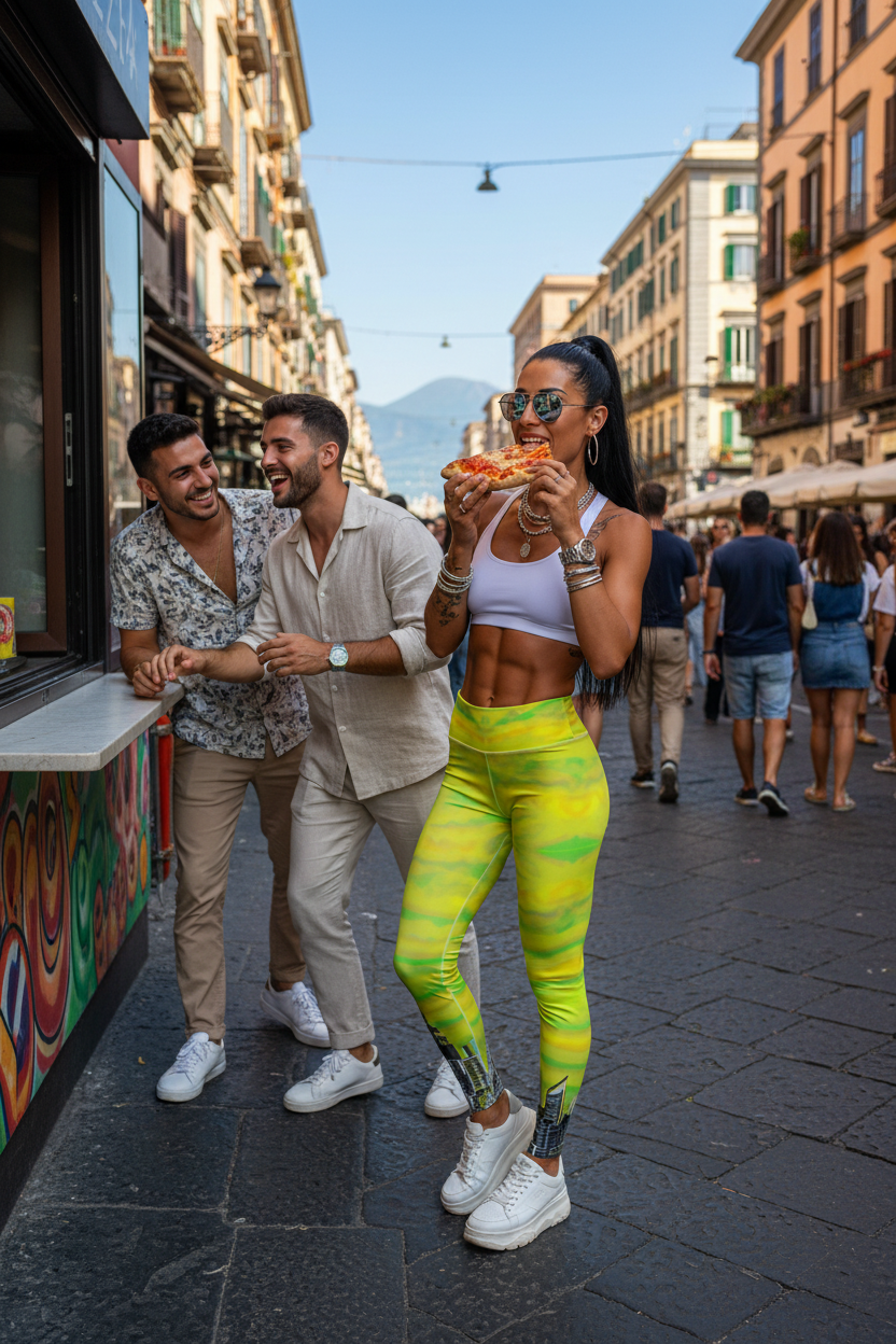 Female wearing colorful yellow Loria NYC Art leggings enjoying pizza on a street in an urban setting