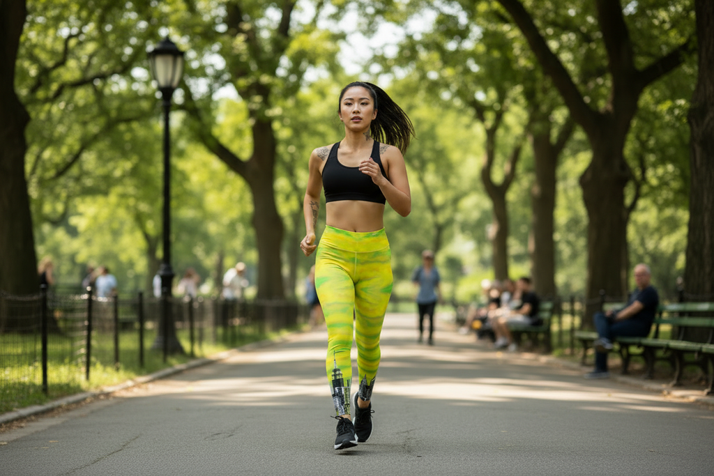 Woman wearing Loria NYC Art leggings running in a park with trees and people in the background