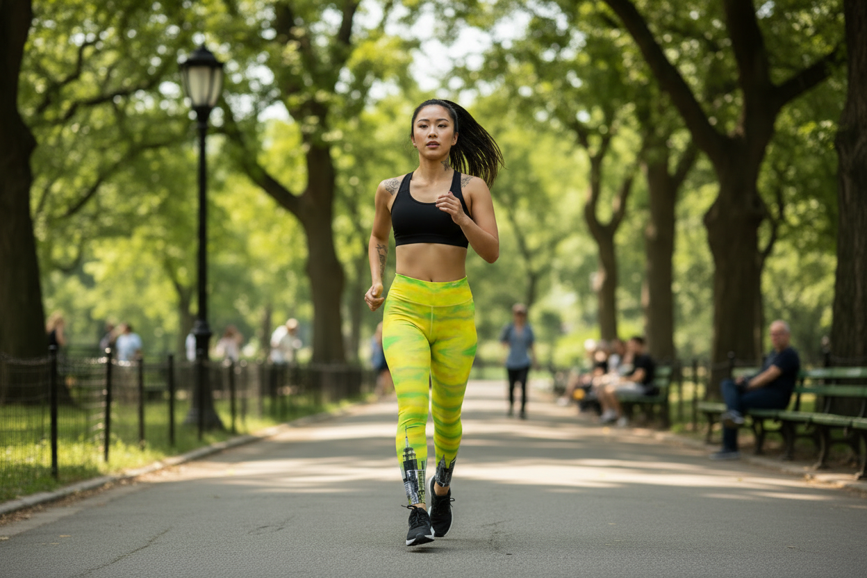 Woman wearing Loria NYC Art leggings running in a park with trees and people in the background