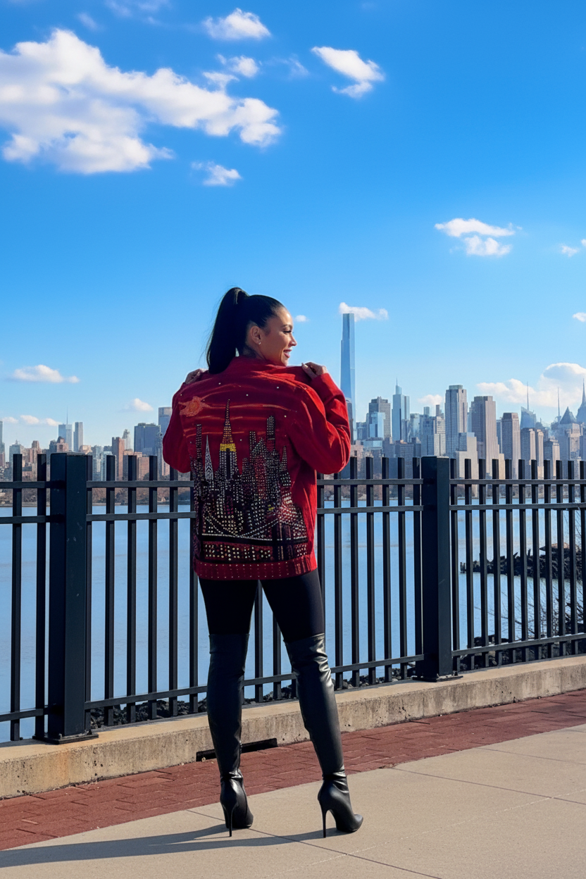 Person wearing a Loria NYC Art jacket with a city skyline in the background