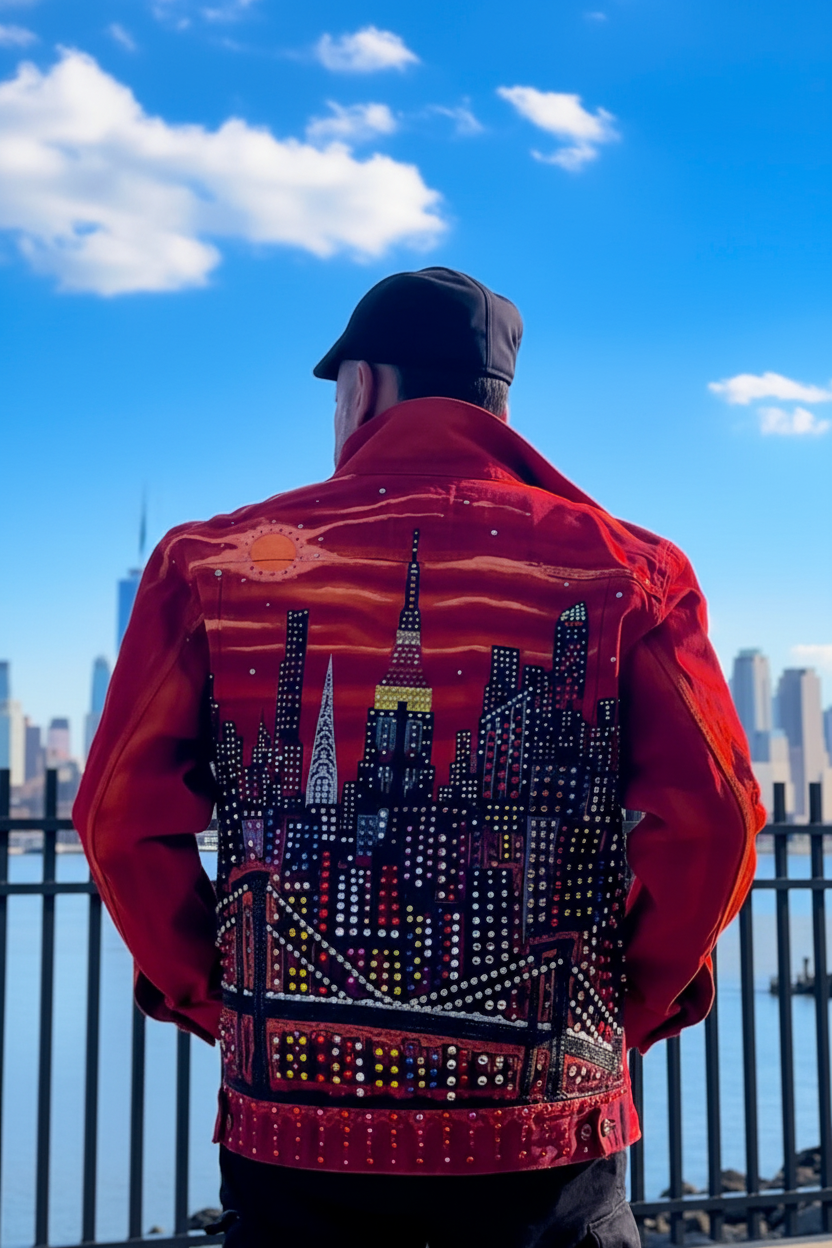 Person wearing a red jacket with a cityscape Loria NYC Art design, standing against a blue sky with clouds.