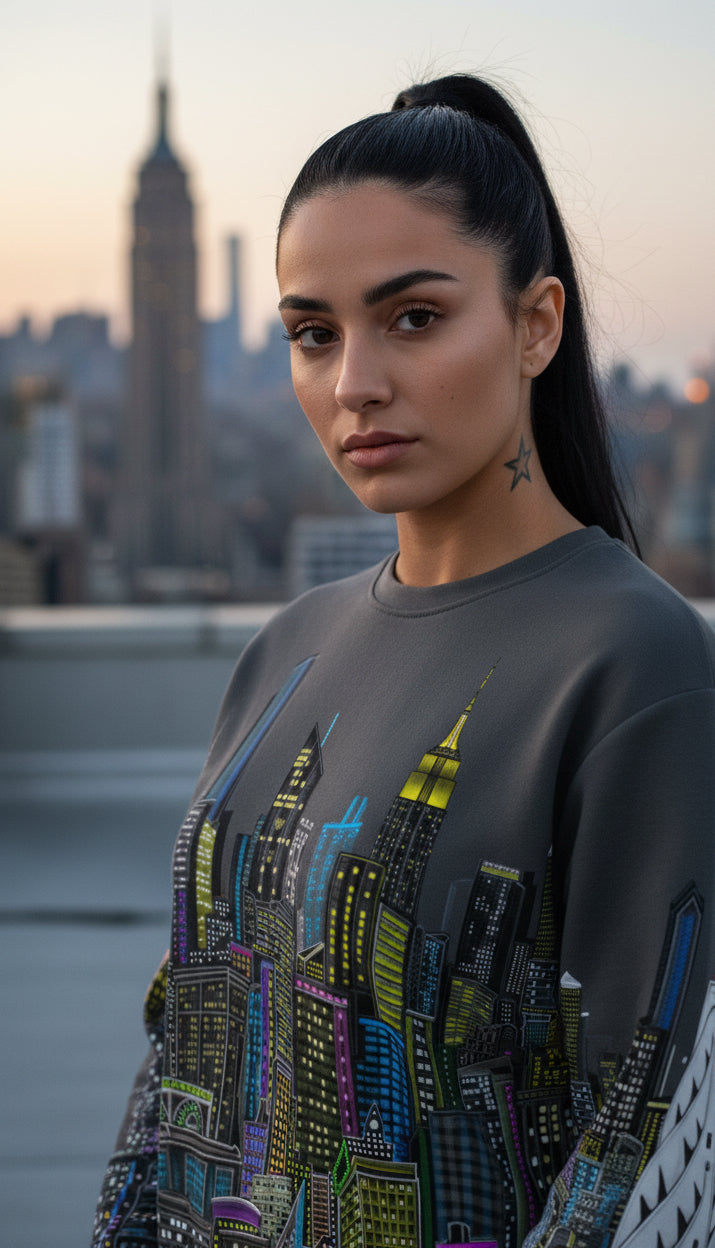 Woman wearing a Loria NYC Art sweatshirt with a colorful cityscape design, standing in front of a city skyline.