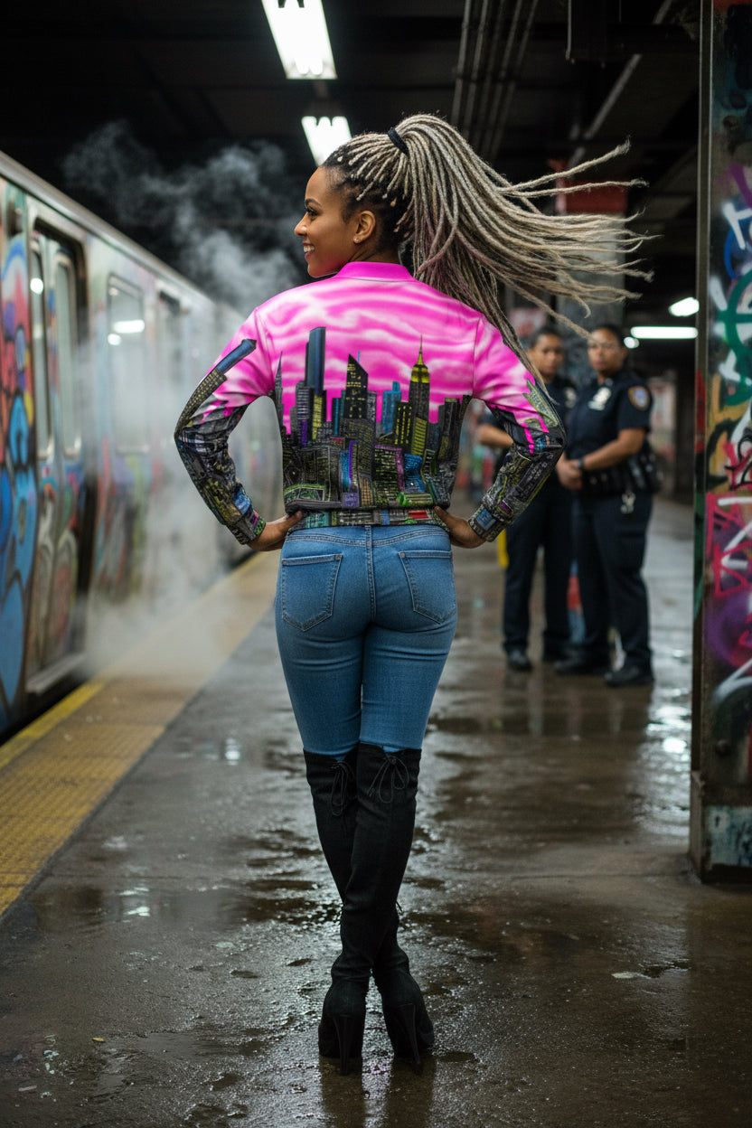 Woman in a colorful Loria NYC Art jacket and blue jeans standing on a subway platform with graffiti and a police officer in the background.