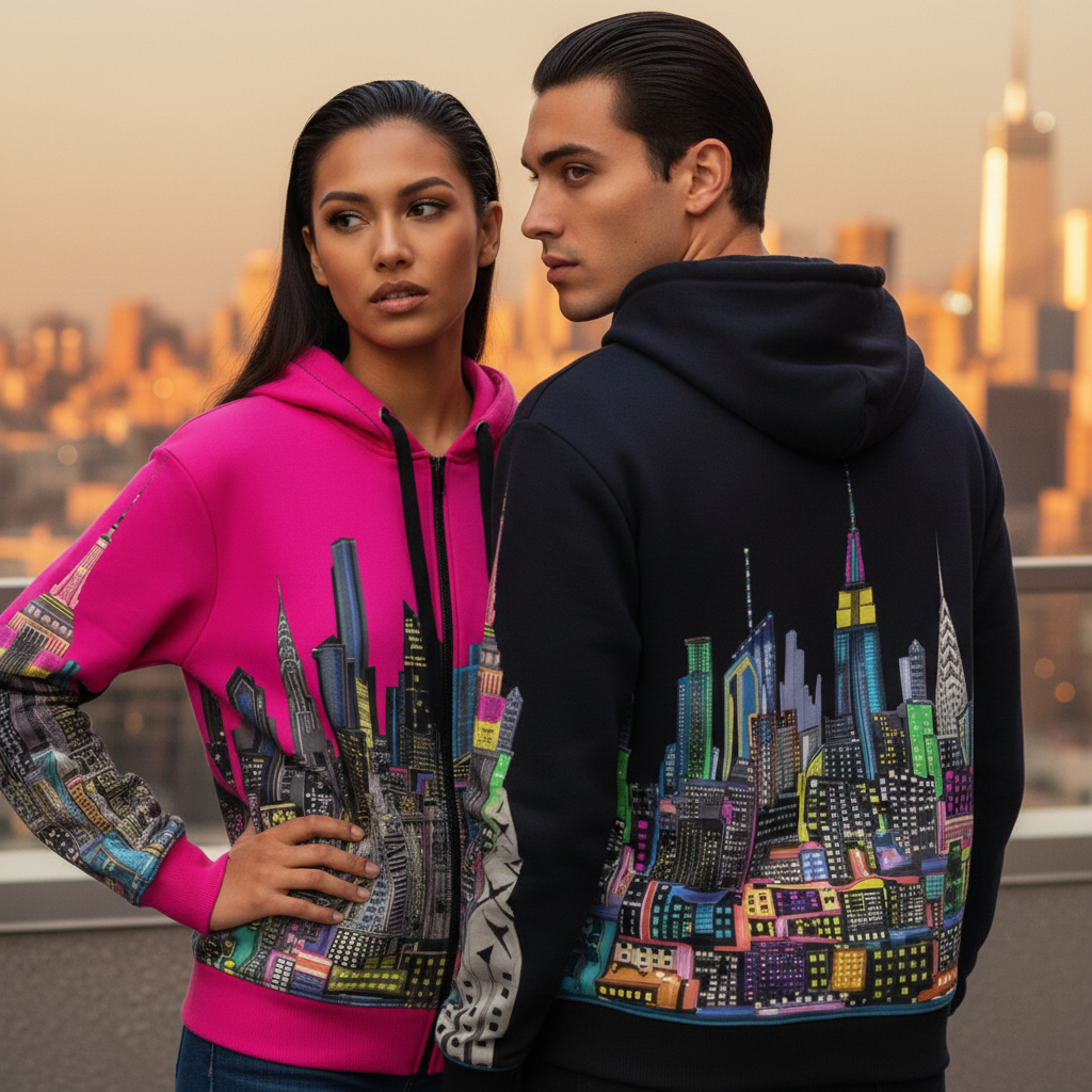 Two people wearing colorful Loria NYC Art cityscape hoodies with a city skyline in the background.