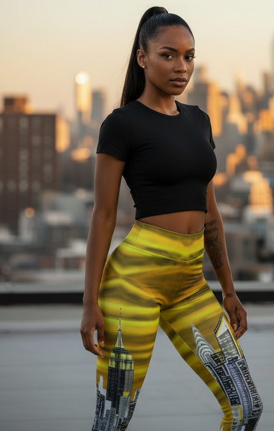 Woman wearing a black crop top and yellow Loria NYC Art leggings with cityscape design, standing on a rooftop with city skyline in the background.