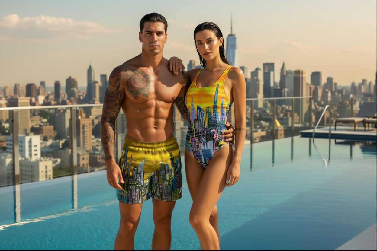 A shirtless man and a woman wearing Loria NYC Art swim wear, standing together on a rooftop pool overlooking a city skyline. The man wears yellow and blue cityscape-print swim trunks, and the woman wears a matching yellow, blue, and purple cityscape-print one-piece swimsuit.