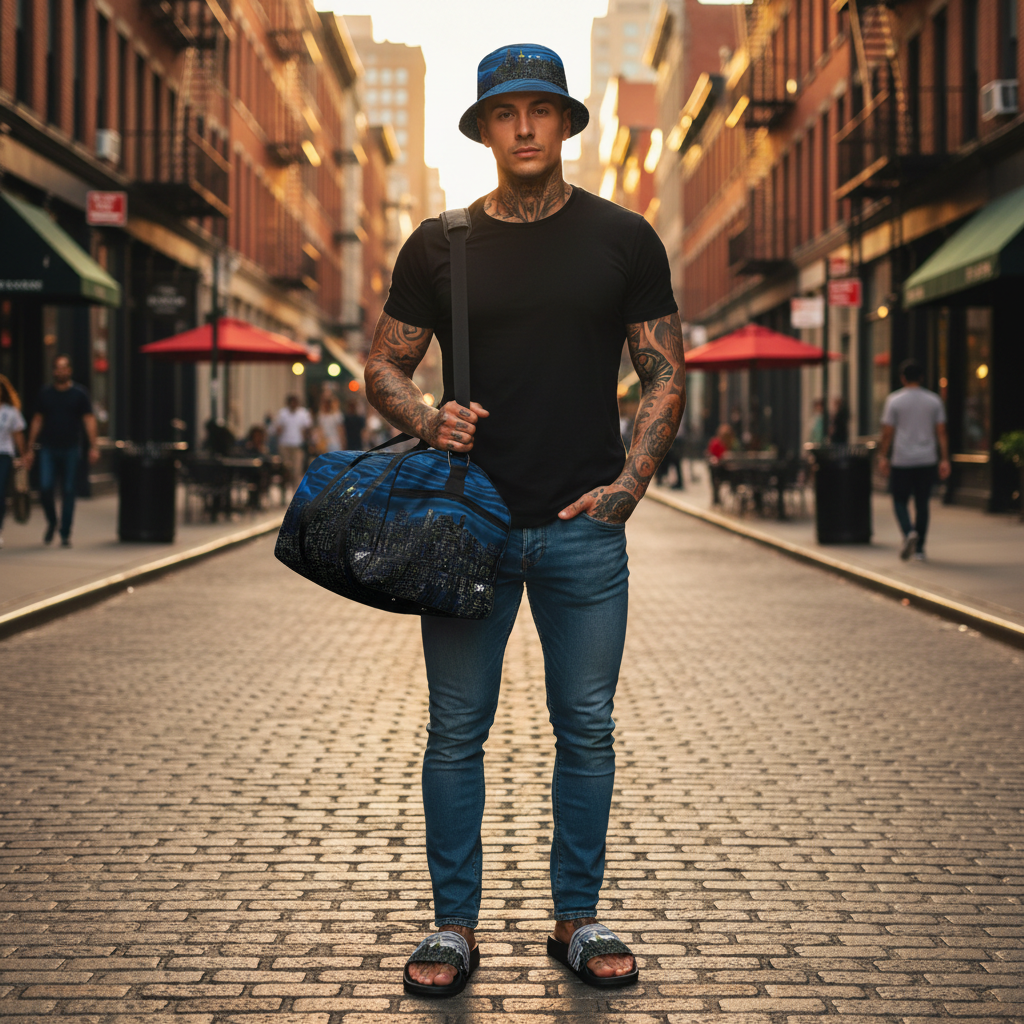 Man holding a blue Loria NYC Art duffel bag on a city street