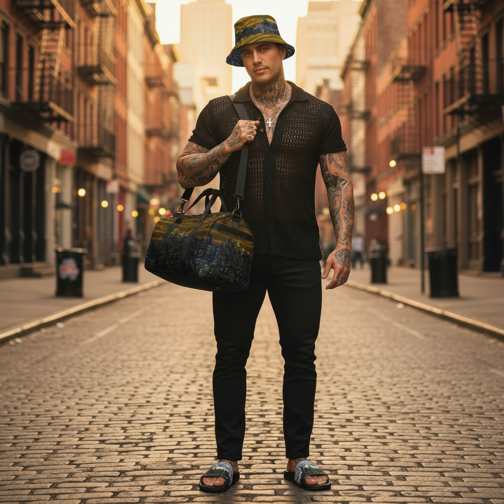 Man with tattoos holding a Loria NYC Art bag on a city street