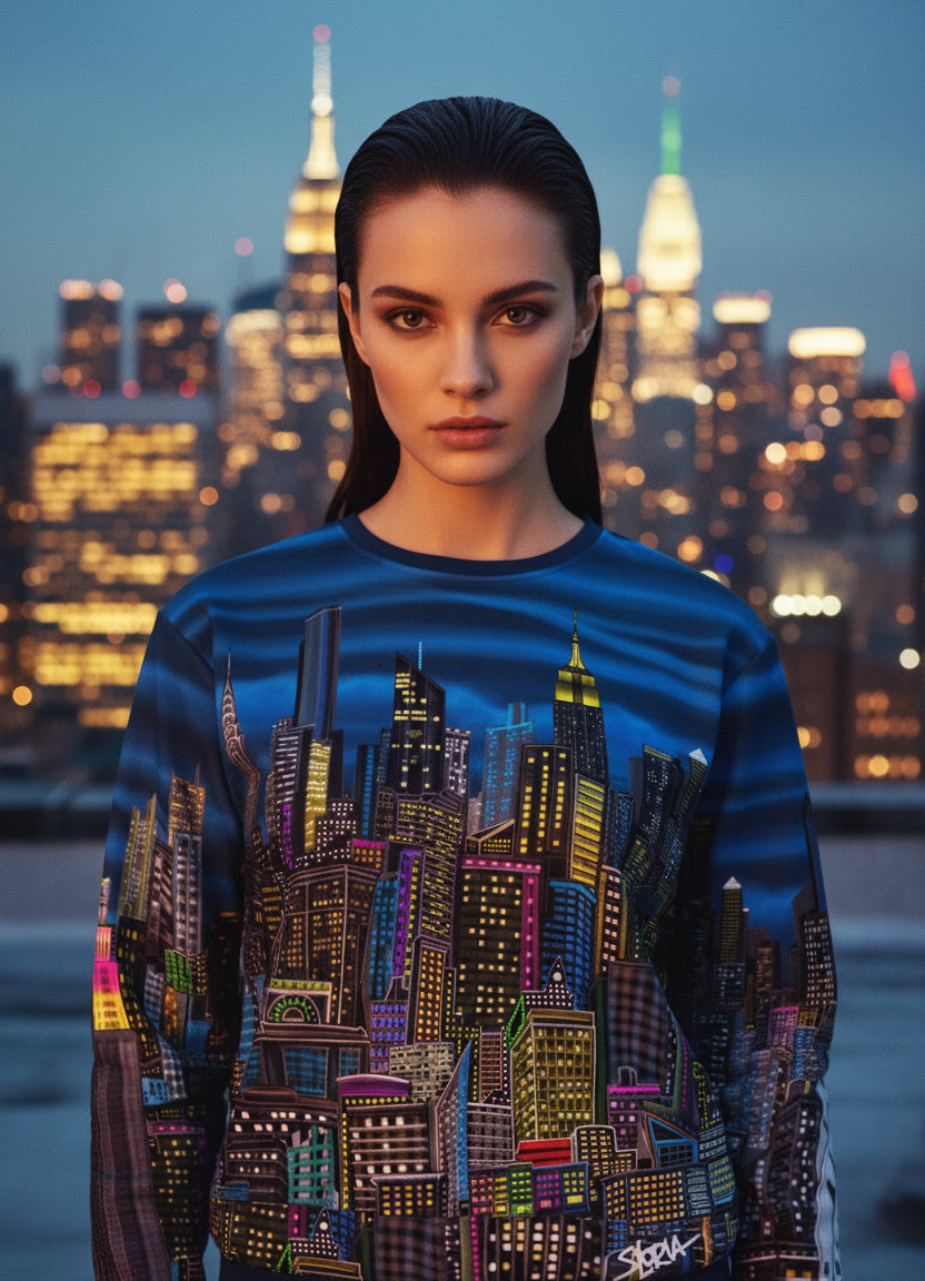 Person wearing a sweater with cityscape Loria NYC Art design against a city skyline at night