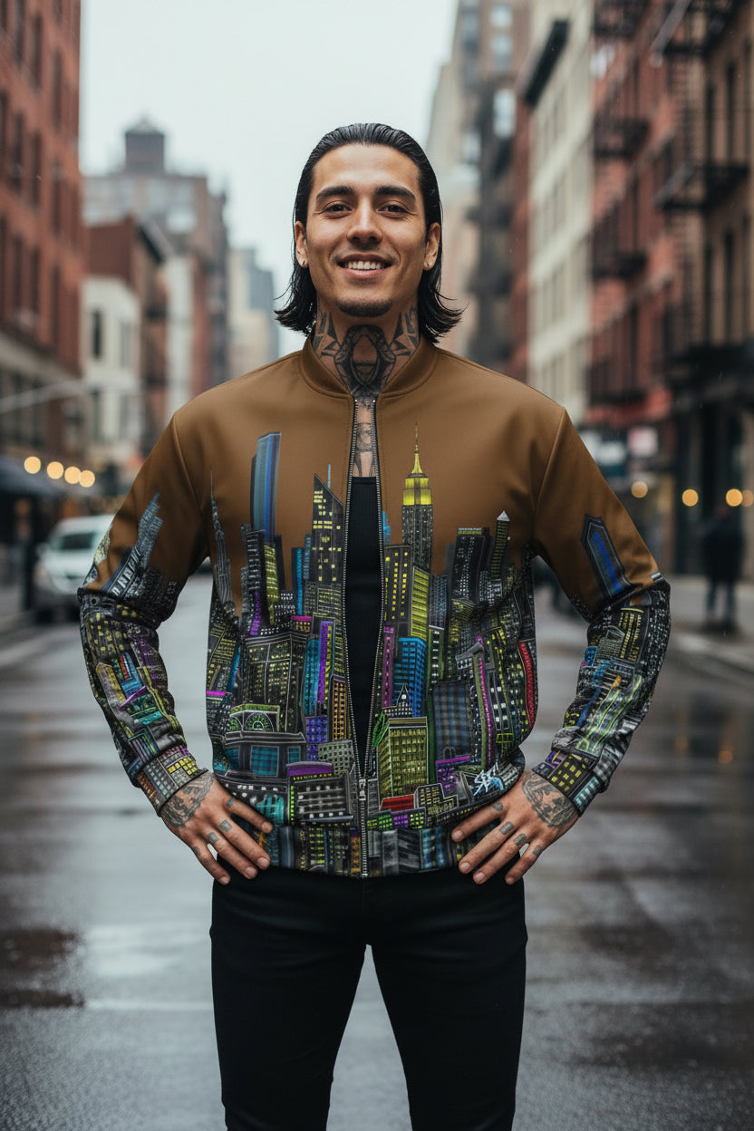 Man wearing a brown jacket with a colorful cityscape Loria NYC Art design on a city street.