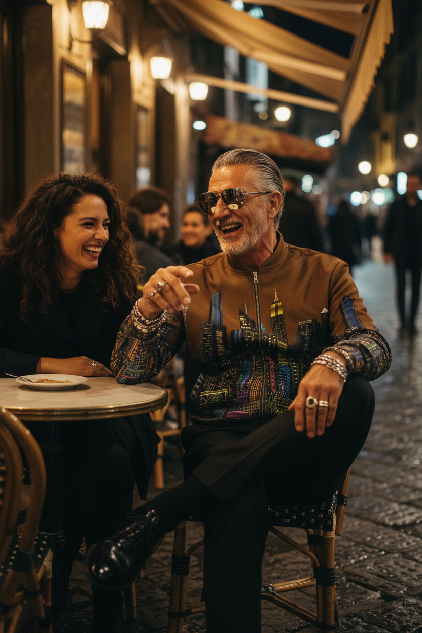 Man wearing a brown Loria NYC Art jacket sitting at a table on a street at night, smiling and enjoying each other's company.