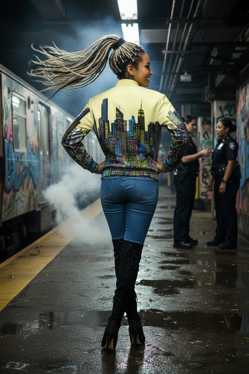 Person wearing a colorful Loria NYC Art jacket with cityscape design in an urban setting