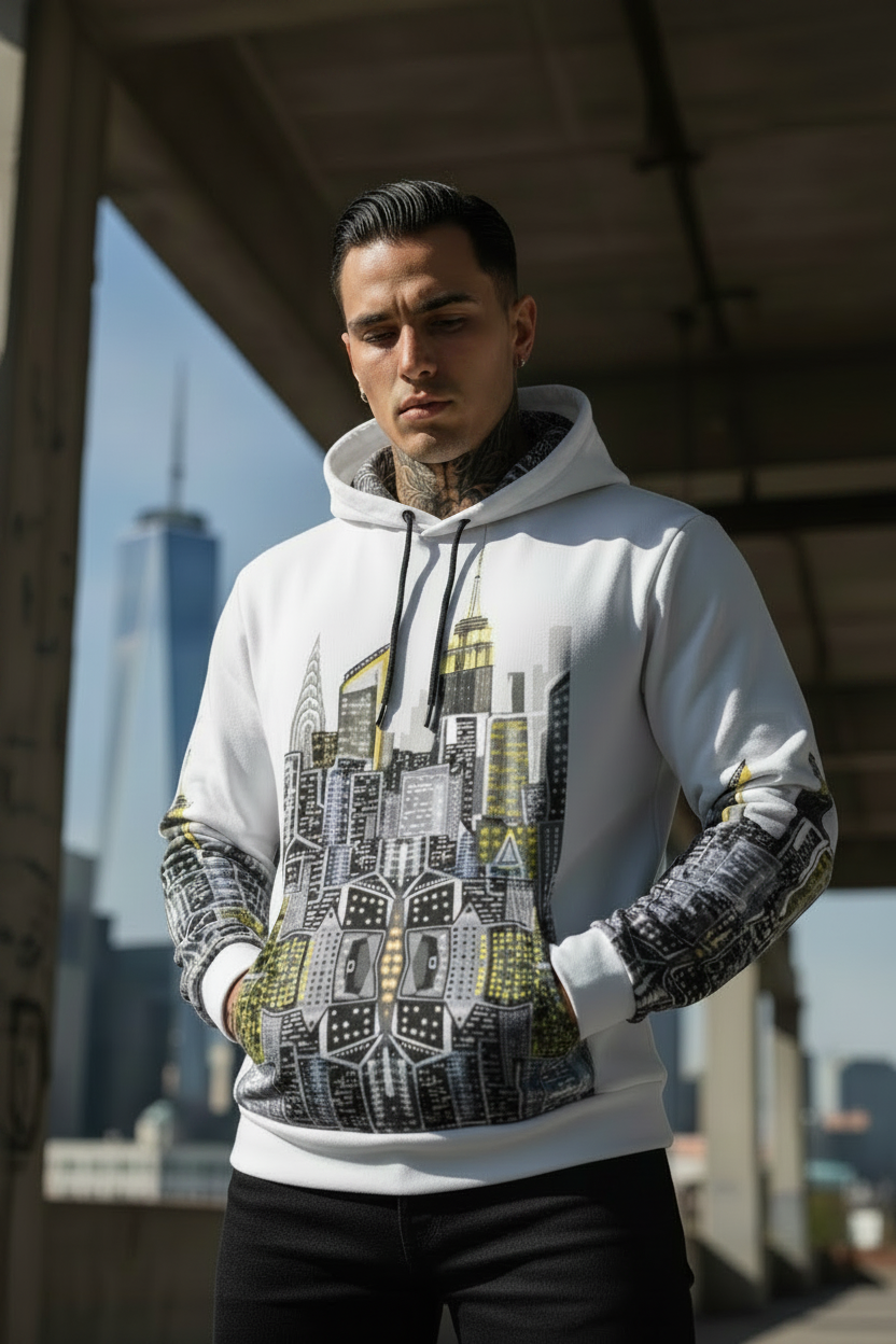 Man wearing white skyline Loria NYC Art hoodie in an urban setting.