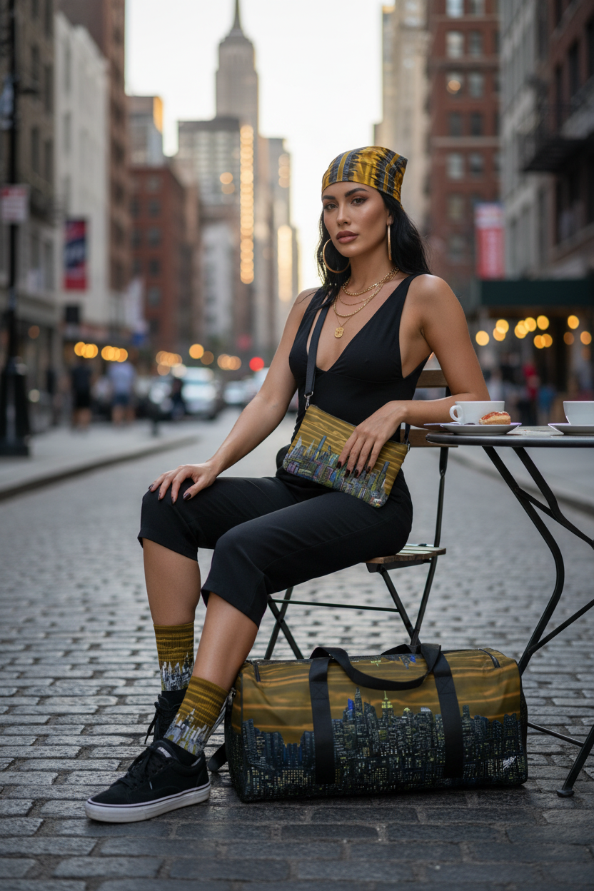 Woman sitting at a table in an urban setting with a Loria NYC Art duffel bag and clutch.