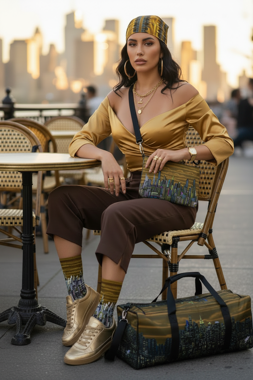 Woman in mustard yellow top and brown pants sitting at an outdoor table with Loria NYC Art cityscape accessories.