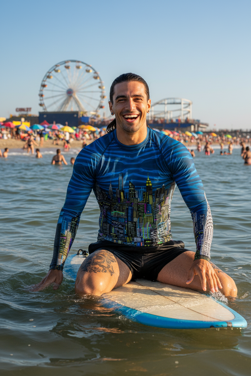 Man sitting on a surf board wearing a blue Loria NYC Art shirt in the ocean