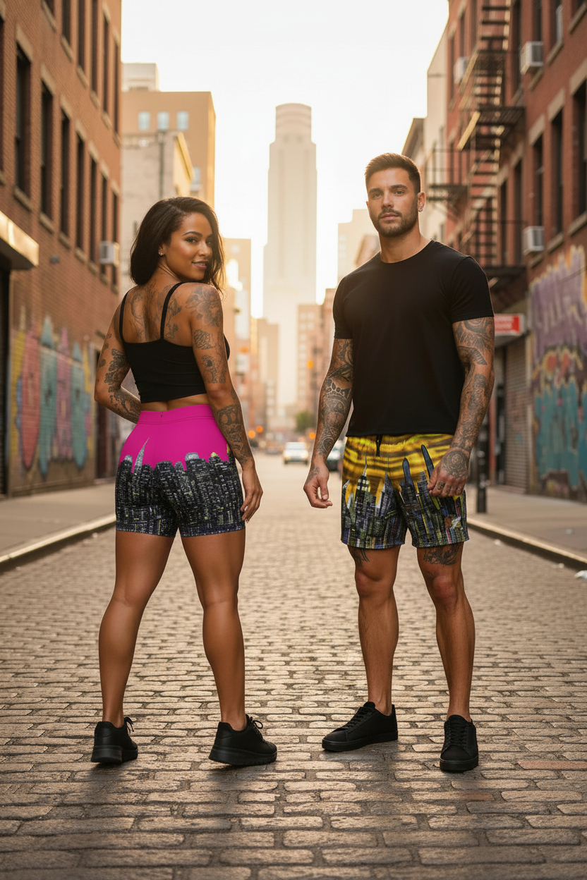 Two people standing on a city street wearing colorful Loria NYC Art athletic outfits.