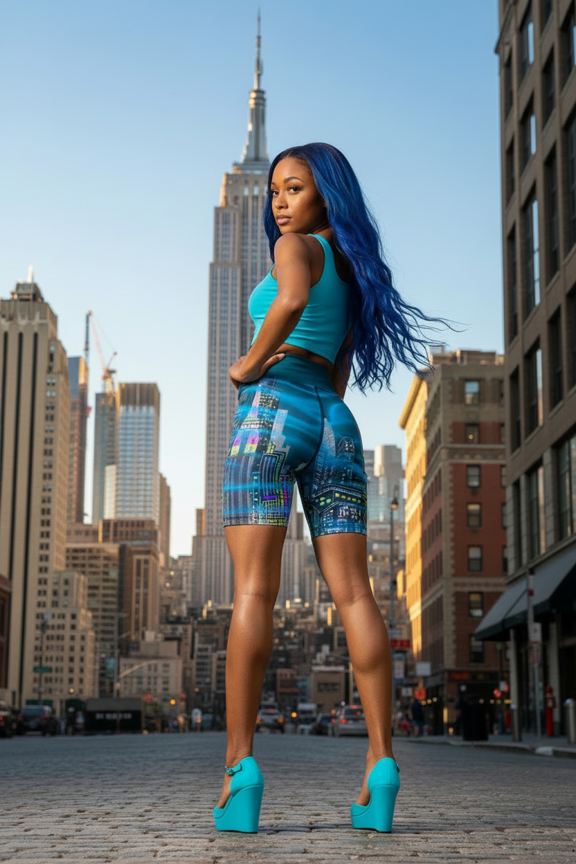 Woman in turquoise outfit with colorful Loria NYC Art leggings standing in an urban setting
