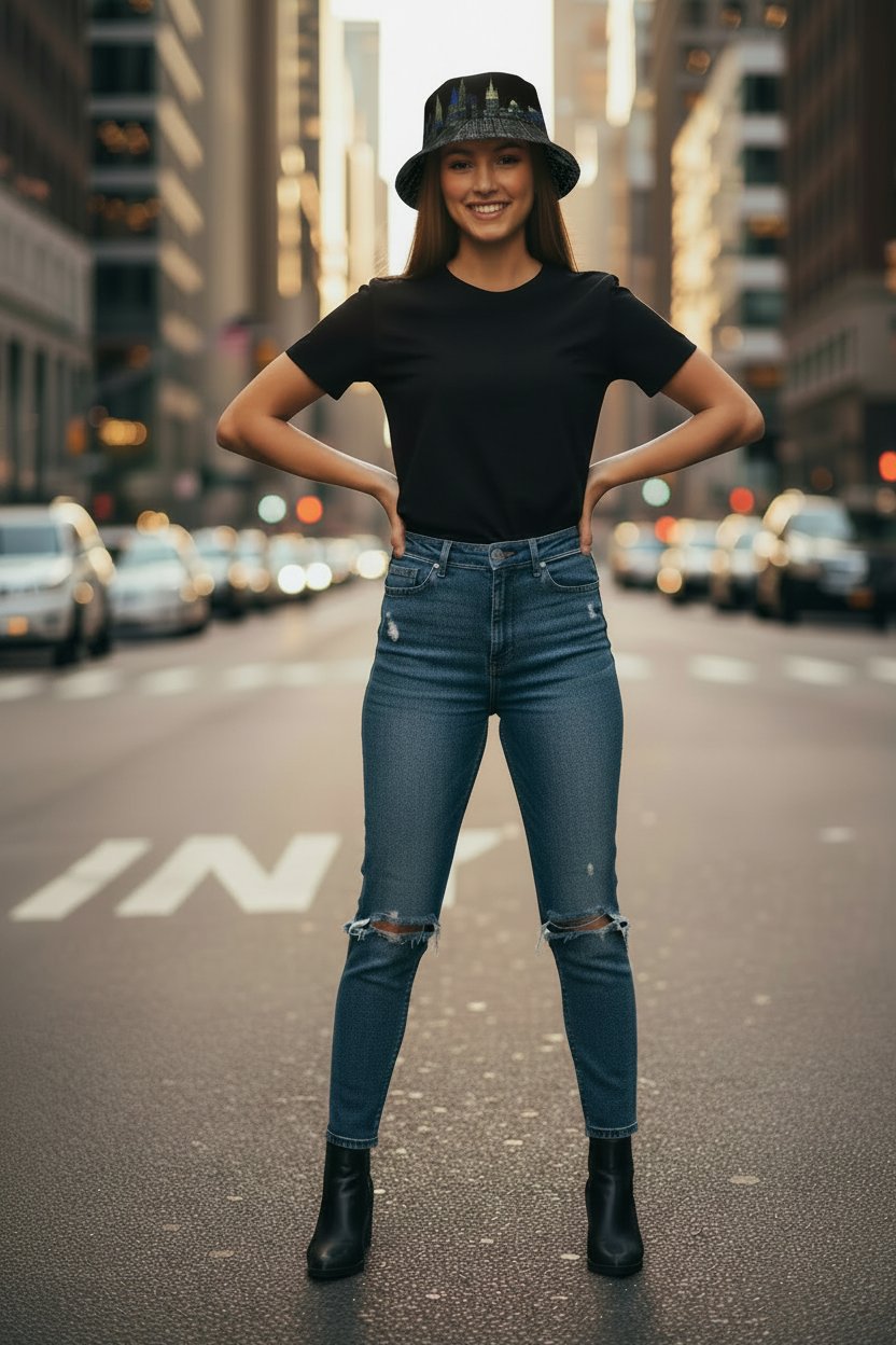 Person wearing a black t-shirt, blue jeans, and a Loria NYC Art black bucket hat on a city street.