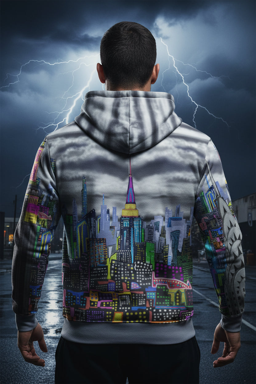 Person wearing a hoodie with a colorful cityscape Loria NYC Art design on the back against a dark, stormy sky.