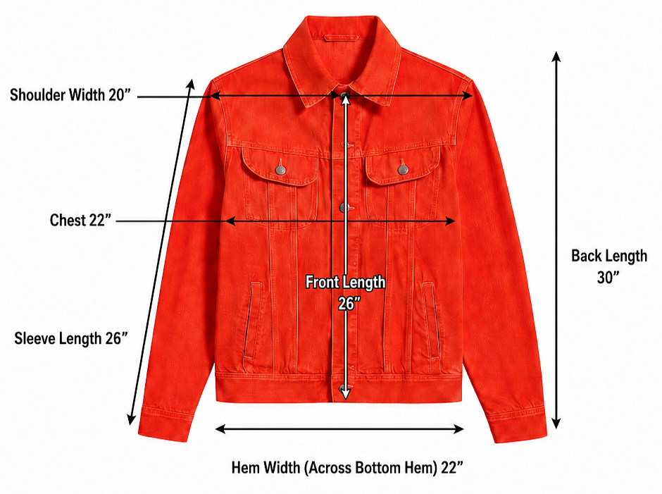 Loria NYC Art jacket with measurement labels on a white background