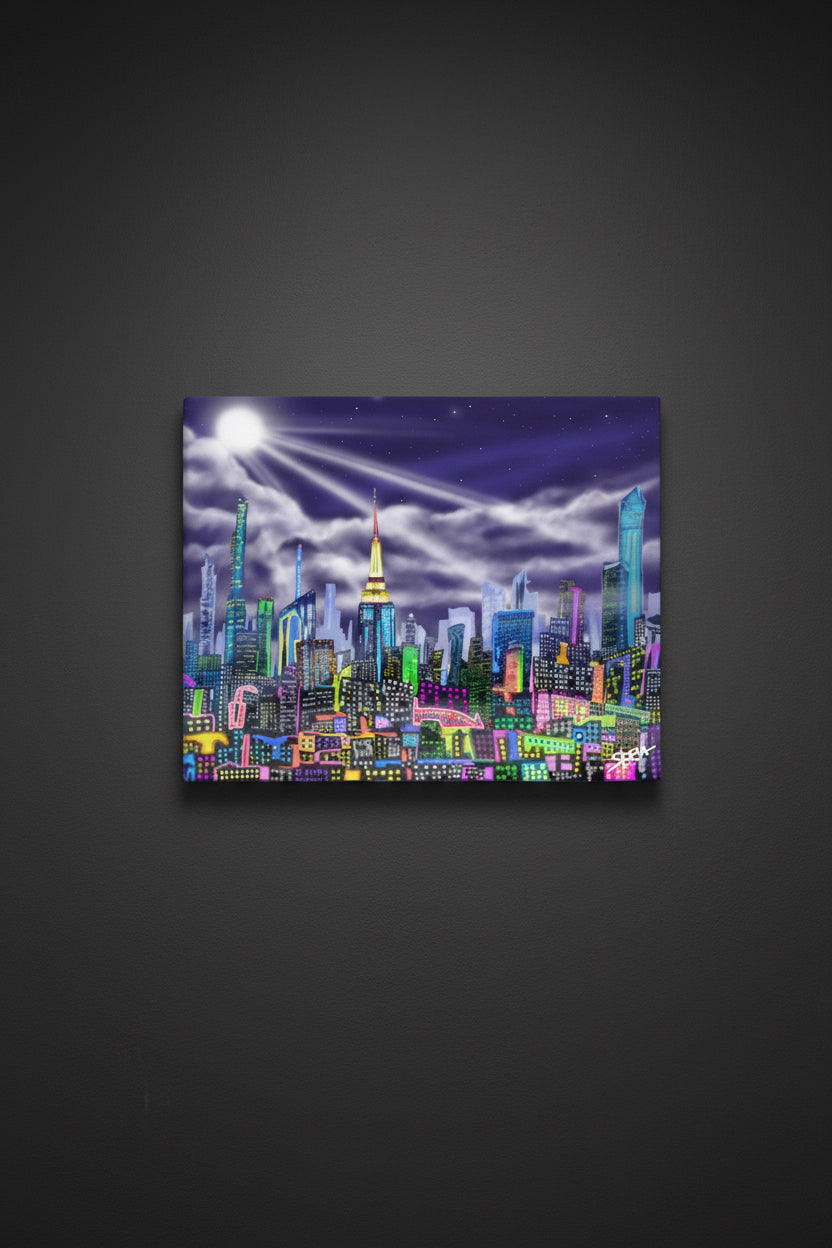 Colorful Loria NYC Art cityscape painting on a dark gray background