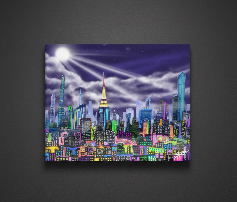 Colorful cityscape Loria NYC Art painting on a dark background