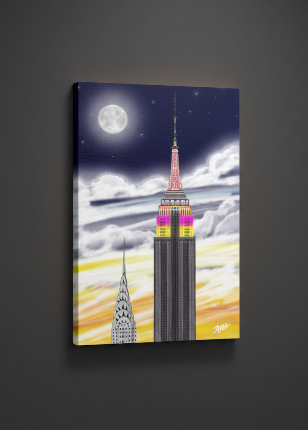 Canvas print of a stylized Loria NYC Art illustration of the Empire State Building and Chrysler Building against a night sky with moon and clouds.