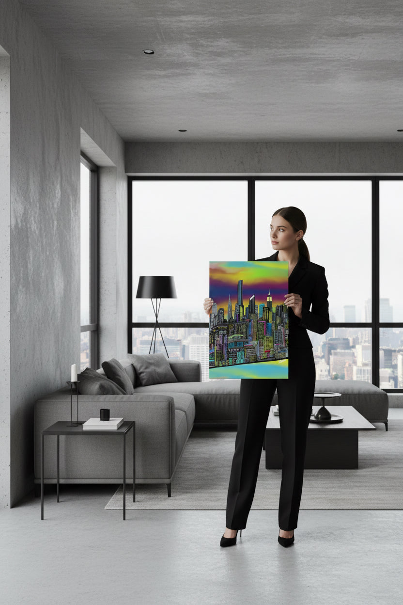 Woman holding a colorful Loria NYC Art painting in a modern living room