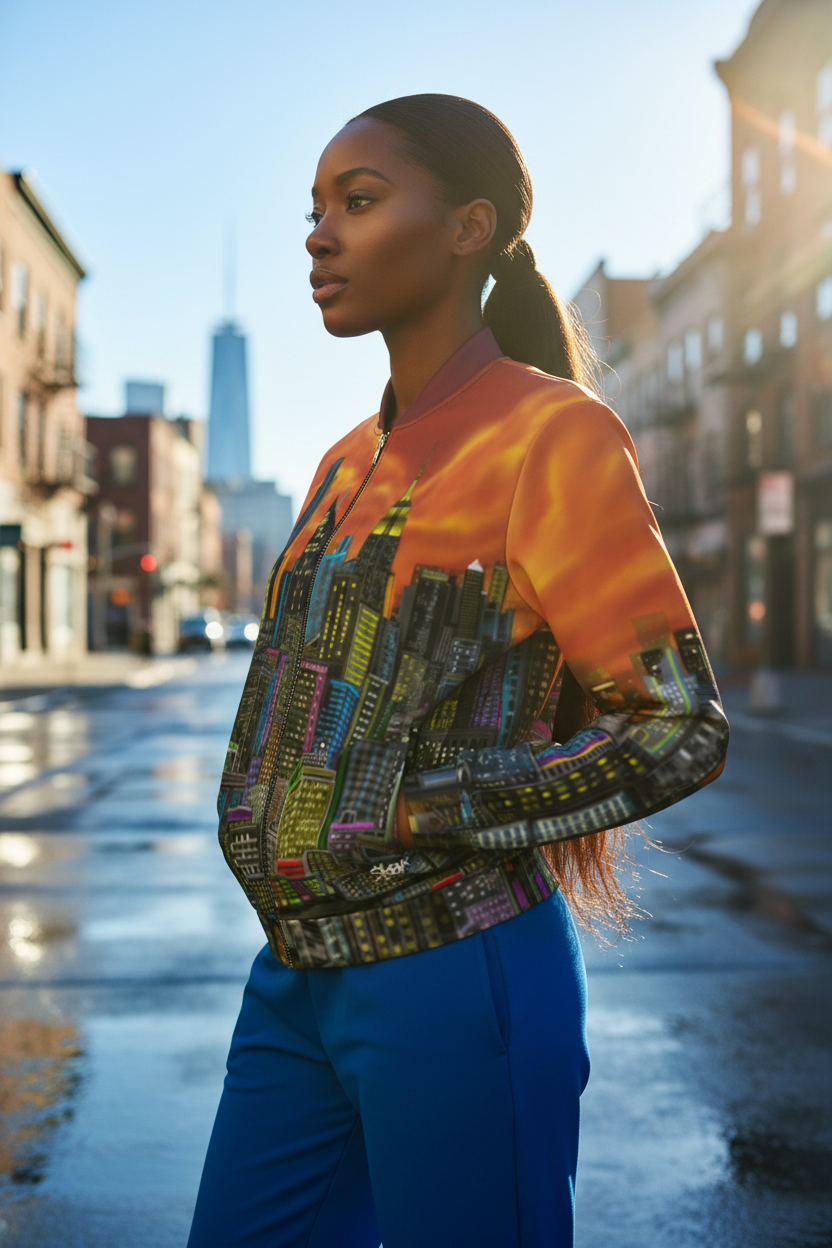 Woman wearing a colorful jacket with a cityscape Loria NYC Art design on a street.