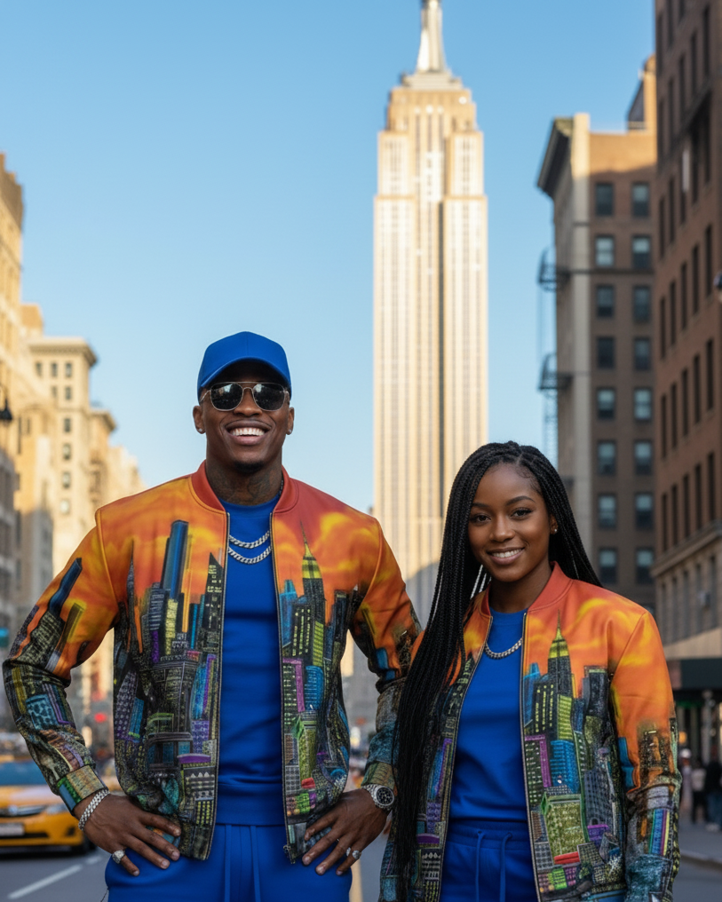 Two people in colorful Loria NYC Art outfits standing in front of the Empire State Building.